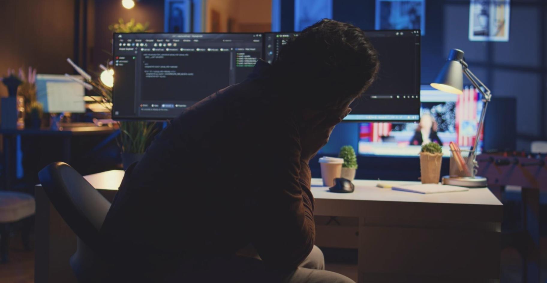 Developer reviewing smart contract code architecture on multiple monitors